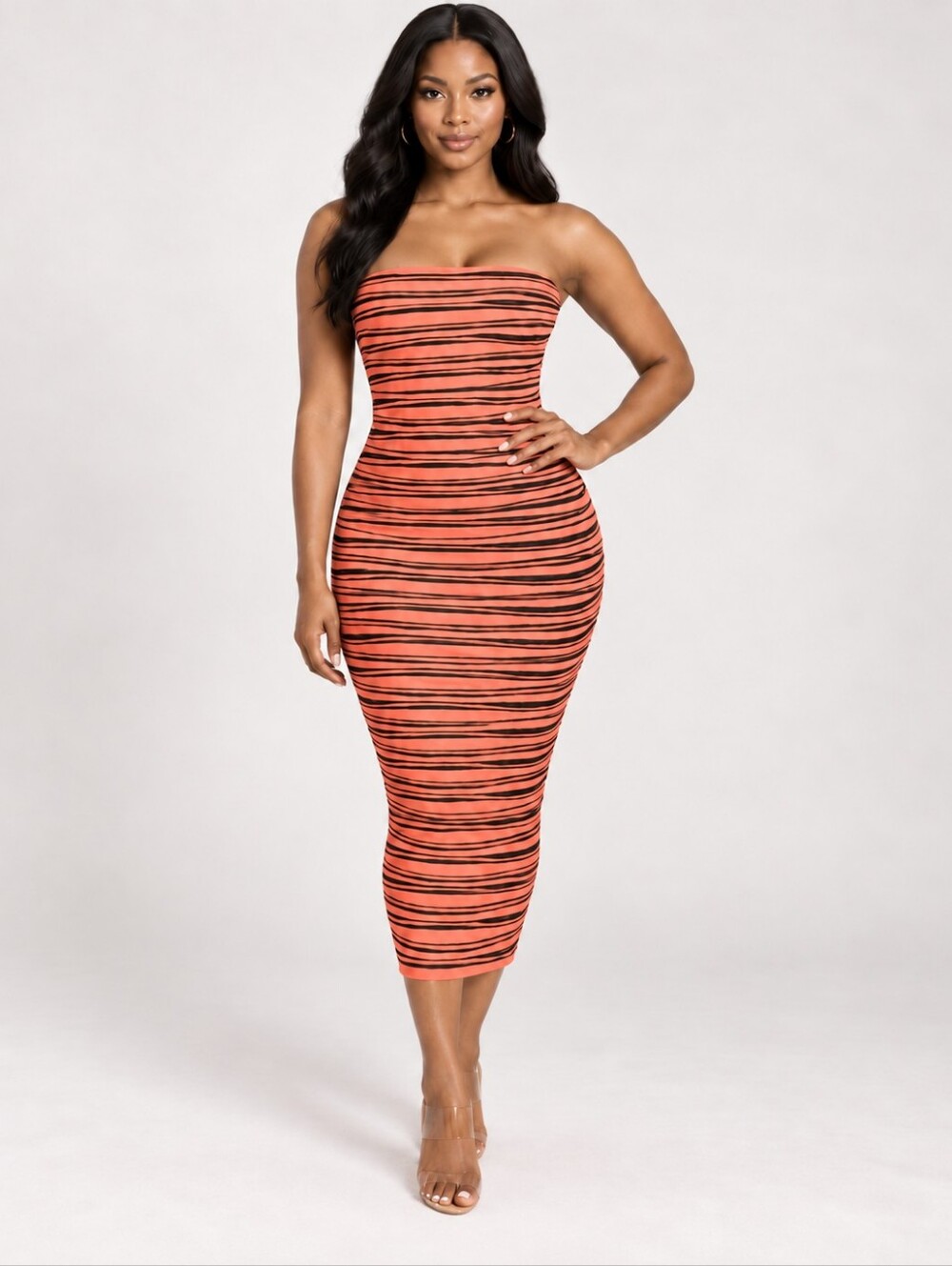 BEBE Black Coral-OrangeStripes Strapless Bodycon Stretch Y2K Midi Dress Medium